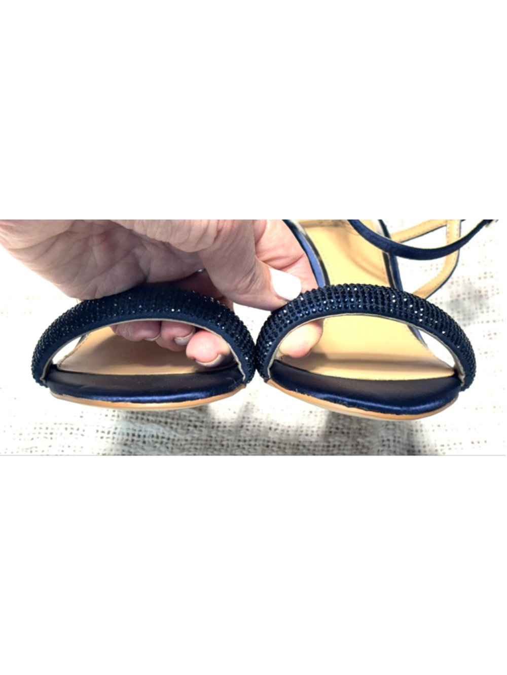 Jewel Badgley Mischka Strappy Navy Satin Rhinestone Block Heel SZ 7 Formal Party - Picture 6 of 11
